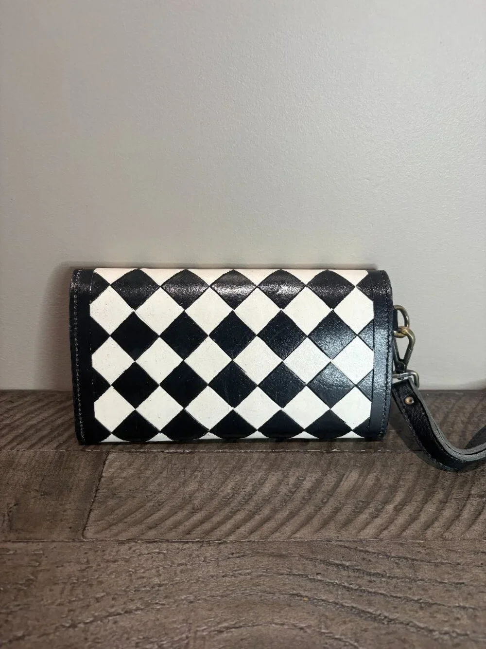 Handcrafted Hand Painted Leather Cherry Wallet Black White Checkered
